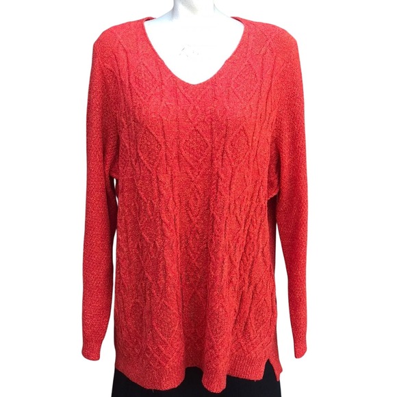 Red Cable Knit V‎ Neck Long Sleeve Tunic Sweater Textured Pullover - Picture 1 of 6